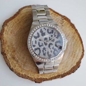 Guess Silver & Rhinestone Leopard Pattern Watch
